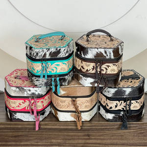 Boîte de rangement en cuir de vachette durable de style vintage pour bijoux féminins, à double compartiment et fermeture éclair, faite à la main, prix de gros - Product Image 3