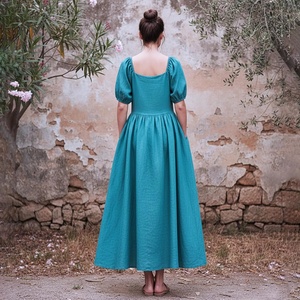 Robe midi vintage 100% coton, taille haute, respirante, col carré, manches cloche, coupe évasée, avec poches, toutes saisons, pour femmes - Product Image 2