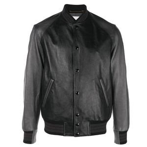 Blouson aviateur en cuir véritable noir pour homme, col montant, fermeture boutonnée, manches classiques, couleur unie, vêtement d'automne - Product Image 6