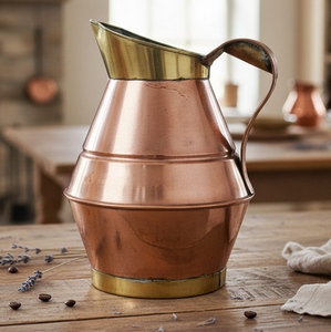 Ornate floral carved <b>copper</b> water pitcher with brass <b>handles</b>, available at wholesale prices and made in India. - Product Image 4