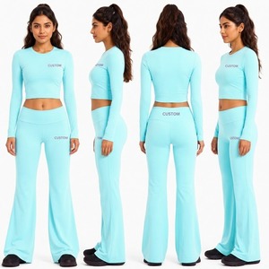 OEM Women Sky Blue <b>Yoga</b> Set Fitted Long Sleeve Crop Tee High Waist Bell Bottom <b>Leggings</b> Studio Gym Activewear Trendy Workout Set - Product Image 4