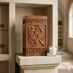 Urna Funeraria de Madera Hecha a Mano con Tallado Floral de Pájaro, Caja Conmemorativa para Entierro - Product Image 2