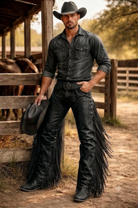 Pantalon Western Noir pour Homme avec Pompons, Taille Haute, Coupe Droite, Braguette Boutonnée, en Toile Délavée, Style Décontracté, Idéal pour l'Automne - Product Image 3