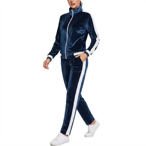 Conjunto Deportivo Ligero y Transpirable de Terciopelo Azul Marino para Mujer, Chaqueta con Cierre Completo y Cuello Alto, Pantalones con Rayas Blancas, Atuendo Casual de Otoño - Product Image 2