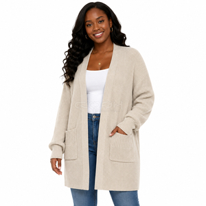 Cosh International Sorority Sisterhood Acrylic <b>Long</b> Knitted <b>Cardigan</b> V-Neck Full Sleeve Casual Loose Fit With Pockets <b>Beige</b> - Product Image 1