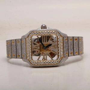 Two Tone Iced Out Skeleton Luxury Stainless Steel Hip Hop Vintage Gold Silver Square Square <b>Mechanical</b> <b>Watch</b> with Glass Dial - Product Image 5