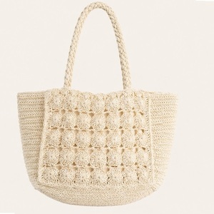 Sac fourre-tout au crochet couleur unie style bohème, sac à main ouvert pour femme, sac de plage d'été - Product Image 4
