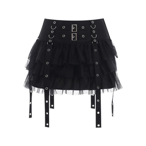 Nueva llegada: Minifalda gótica punk negra de cintura alta para mujer con volantes de malla y cinturones, venta al por mayor - Product Image 1