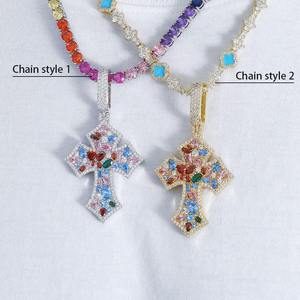 Collier pendentif croix en moissanite plaqué rhodium, serti de pierres multicolores, style hip-hop, chaîne de luxe pour homme - Product Image 1
