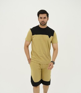 Summer Formal Khaki Black 100% Cotton Breathable Solid <b>Knitted</b> Panel Short <b>Set</b> - Product Image 1