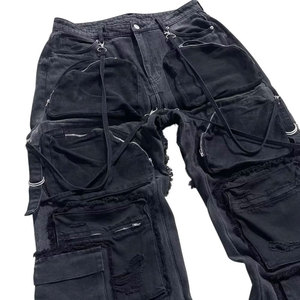 กางเกงยีนส์ขาบานขาดๆ สำหรับผู้ชาย พิมพ์โลโก้ตามสั่ง สีพื้น สไตล์สตรีท กางเกงฮิปฮอปทรงหลวมพร้อมโลโก้ที่เอว - Product Image 2