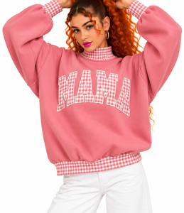 Sweat-shirt surdimensionné personnalisé pour femme, col montant, motif écossais rose, broderie lettre appliquée, en molleton de coton, vente en gros - Product Image 5