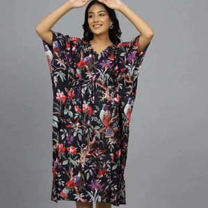 Vestido Kaftán de Algodón Hecho a Mano en India, Ligero, Estilo Kimono, para Playa - Product Image 1