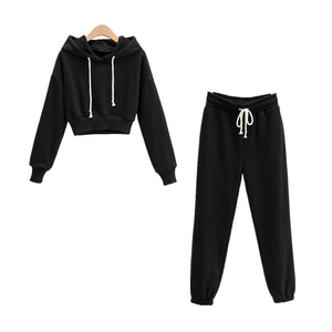 Women Hooded Sweatshirt Set Casual Solid Color Long Sleeve <b>Crop</b> Top With <b>Jogger</b> Pants Full Sleeve Knitted Cotton Outfit - Product Image 2
