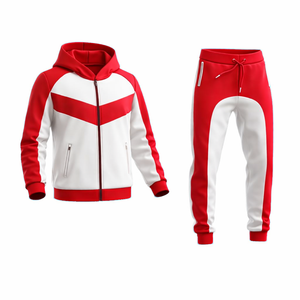 Conjunto de chándal rojo y blanco con contraste para hombre – Sudadera con capucha y cremallera y pantalones jogger, ropa deportiva ajustada para gimnasio, conjunto informal para fitness - Product Image 2