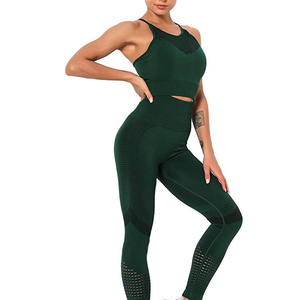 Green Plus Size Yoga Set 3 Piece High Waist Leggings Racerback <b>Crop</b> <b>Top</b> <b>Mesh</b> Cut Breathable Seamless Solid Full Length Front - Product Image 1