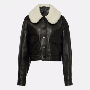 2026 New Crop Style Genuine Leather <b>Bomber</b> <b>Jacket</b> <b>Shearling</b> Collar Women Leather <b>Jacket</b> Good Quality With Customized Serviced - Product Image 2