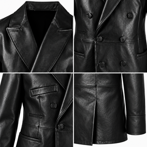 <b>Men's</b> Luxury Black <b>Leather</b> <b>Blazer</b> Double Breasted Wide Peak Lapel Elegant Business Formal Suit Jacket OEM Wholesale Supplier - Product Image 5