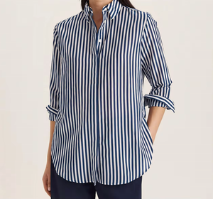 Blusa Clásica de Lino a Rayas para Mujer, Estilo Veraniego, Sin Tejido, con Mangas 3/4 Enrollables y Botones - Product Image 1