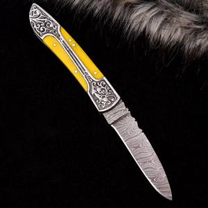 Cuchillo Plegable de Acero de Damasco con Mango Grabado, Funda para Transporte Vertical, Cuchillo de Bolsillo EDC para Caza y Camping, Cuchillo de Punta Caída, Cuchillo Personalizado OEM - Product Image 2