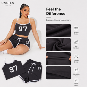 ชุดเซ็ทเสื้อครอปและกางเกงขาสั้นลายทาง 2 ชิ้นสำหรับผู้หญิงจาก ONETEN APPARELS สีดำ เนื้อผ้าถักสแปนเด็กซ์ยืดหยุ่นสูง ระบายอากาศได้ดี - Product Image 5