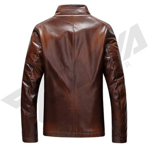 Men's Brown Leather or PU Leather Jacket Stand Collar Zipper Closure Faux <b>Fur</b> Lining Moto Biker Style Winter Wear - Product Image 2