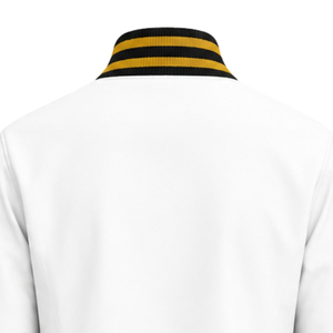 Custom <b>White</b> Varsity Jacket with Black and Gold Striped Ribbed Collar Cuffs Hem Greek Letter Embroidery Crest Logo Collegiate Le - Product Image 4