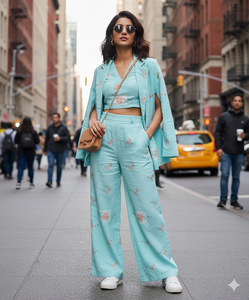 Tela de algodón para bordar de primera calidad, color azul cielo, tela de algodón Chanderi con un intrincado patrón de bordado floral y delicado. - Product Image 1