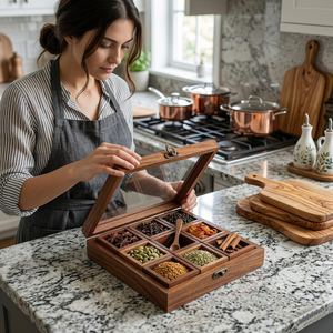 Boîte à épices en bois de Sheesham avec cuillère : Masala Dabba, organisateur de rangement de cuisine, récipient à assaisonnements, en bois durable et artisanal - Product Image 3