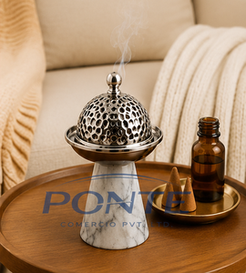 Handcrafted Natural Marble and Brass Incense Burner Modern Design Eco-Friendly Luxury Pedestal <b>Decorative</b> Metal Mesh Lid Home - Product Image 6