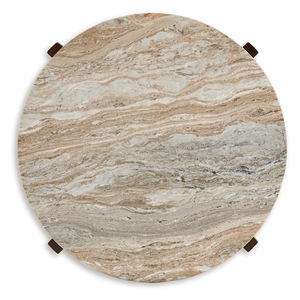 Table basse de salon moderne, durable et écologique, avec plateau rond en marbre travertin et pieds pliants en bois de manguier massif finition marron - Product Image 5