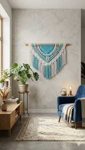 Tapiz de Pared de Macramé Estilo Boho, Decoración de Pared con Flecos Azules y Blancos para Dormitorio o Sala de Estar - Product Image 2