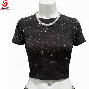 Nouveau T-shirt court à manches courtes pour femme, col rond, noir, respirant, avec motif en strass, pour l'été - Product Image 1