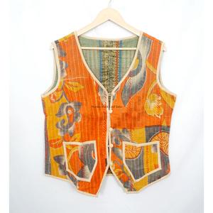 Bohemian Cotton <b>Kantha</b> Printed Short <b>Jacket</b> Handmade Floral Patchwork Sleeveless Artisan Vest Style with v-neckline and pockets - Product Image 5