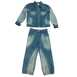 Custom Trending Design Best Quality Winter Solid Two Piece Embroidery Denim <b>Jacket</b> and <b>Straight</b> Jeans Trousers Men's Denim Suit - Product Image 1