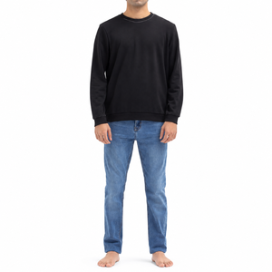 <b>Black</b> <b>Crew</b> <b>Neck</b> Pullover <b>Sweatshirt</b> Regular Fit Solid Color Casual Knitted Cotton Pocket Autumn Wear - Product Image 4