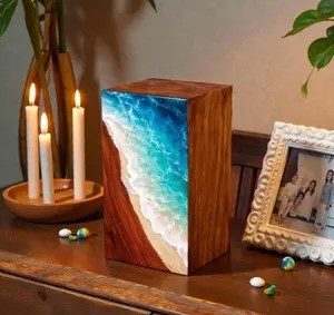 Urne funéraire artisanale en bois et résine motif vague océanique, urne commémorative de plage pour cendres humaines, taille moyenne 9x5,5 pouces, boîte à urne - Product Image 2