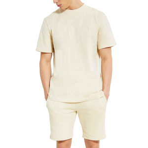 Men's Cream Cotton Crew Neck T-Shirt And Shorts <b>Set</b> Casual Summer Wear <b>Knitted</b> Solid Color 2-Piece Outfit - Product Image 1