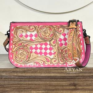 Bolsos cruzados de cuero a cuadros con diseño floral en rosa y blanco, modernos y de primera calidad, bolsos de hombro de cuero genuino para mujer. - Product Image 1