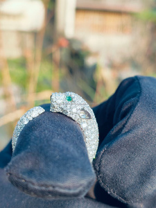 Colgante de Cabeza de Pantera con Diamantes y Ojos Verdes, Acabado en Oro Blanco, Estilo Hip Hop, Amuleto Animal Brillante para Hombre, Anillo Elegante y Lujoso - Product Image 4