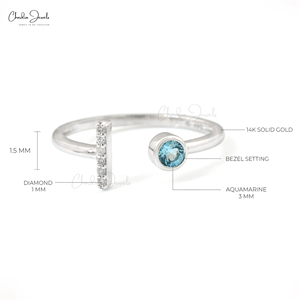 แหวนทองคำขาว 14k แท้ ทำมือ ประดับอะความารีนธรรมชาติ 3 มม. แบบฝังขอบ และเพชร G-H ดีไซน์แยกก้าน จากผู้จัดจำหน่ายขายส่ง - Product Image 2