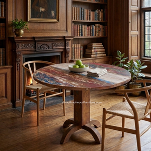 Durable Handcrafted <b>Solid</b> <b>Wood</b> <b>Round</b> <b>Dining</b> <b>Table</b> 4 Seater DIVADI Brand Antique Design Eco-Friendly Rustic Vintage - Product Image 3