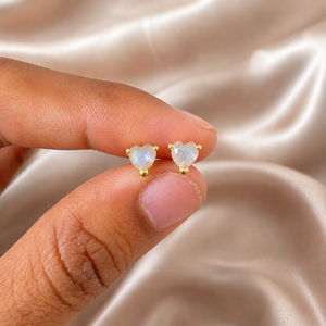 Rainbow Moonstone Heart <b>Stud</b> <b>Earrings</b> 5mm Gold Prong Set <b>Earrings</b> White Gemstone Heart <b>Studs</b> Minimalist Dainty <b>Earrings</b> - Product Image 3