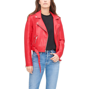 Red PU Leather Moto Jacket Women's Short Sleeve Zipper Closure Turn-down Collar Solid Color Casual Style Autumn Wear - Product Image 1