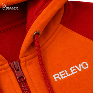 OEM Custom Logo Red Orange Colour Block Full <b>Zip</b> Hoodie, Men Contrast Chevron Chest & Sleeve Panel Fleece Zipper Hoodie - Product Image 3
