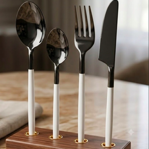 <b>Black</b> Colour Coated Flatware <b>Set</b> White Handles Modern Design Dishwasher Safe Spoon Fork Knife Dinnerware <b>Cutlery</b> <b>Set</b> of 4 - Product Image 2
