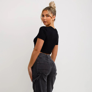 Women's Crop Top Black Short Sleeve <b>Y2K</b> Print Crew Neck 100% Cotton Jersey Loose Fit Breathable Spring Summer Casual T-<b>Shirt</b> - Product Image 6