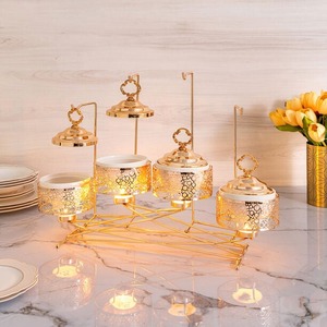 Luxury 4 Pot Rose Gold <b>Chafing</b> <b>Dish</b> <b>Set</b> Round <b>Buffet</b> Food Warmer With Hanging Lids and Laser Cut Stand for Wedding Party Decor - Product Image 4