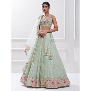 Elegante Pista Verde Lentejuelas Georgette Novio Desgaste Elegante Recepción Lehenga Choli - Product Image 6