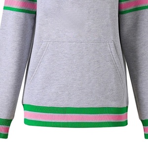 Sweat-shirt gris à col rond pour femme avec rayures vertes et roses, haut tricoté décontracté à manches longues avec poches - Product Image 3